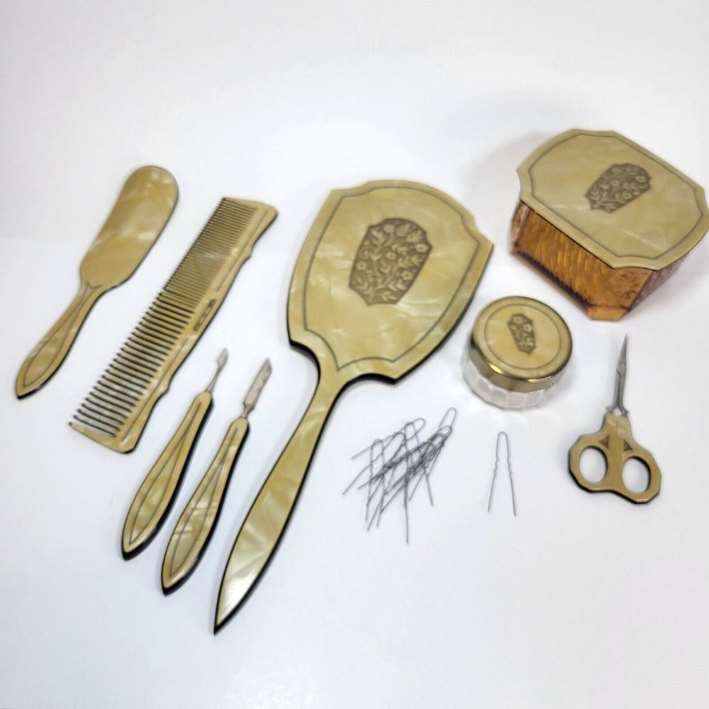 Vintage Dupont Celluloid Pearlized Amber 8 Item (10pc) Vanity Dresser Set